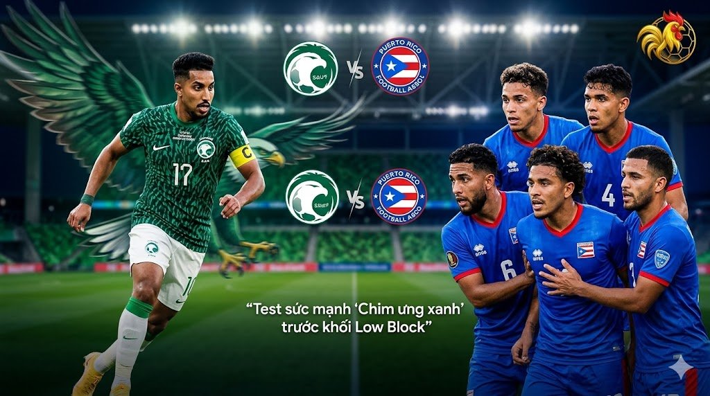 Hình ảnh đồ họa chênh lệch đẳng cấp giữa Salem Al Dawsari dẫn bóng mạnh mẽ với biểu tượng Chim ưng xanh và một nhóm cầu thủ Puerto Rico co cụm phòng ngự trên nền sân vận động Q2 Stadium Texas mờ ảo về đêm.