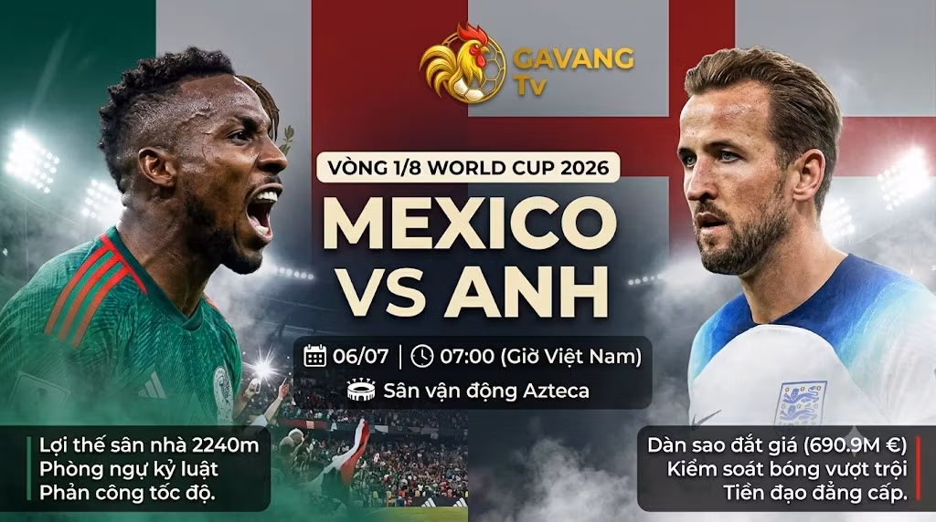 Nhận định trực tiếp trận đấu Mexico vs Anh vòng 1/8 World Cup 2026 chi tiết tại kênh Gavang TV.