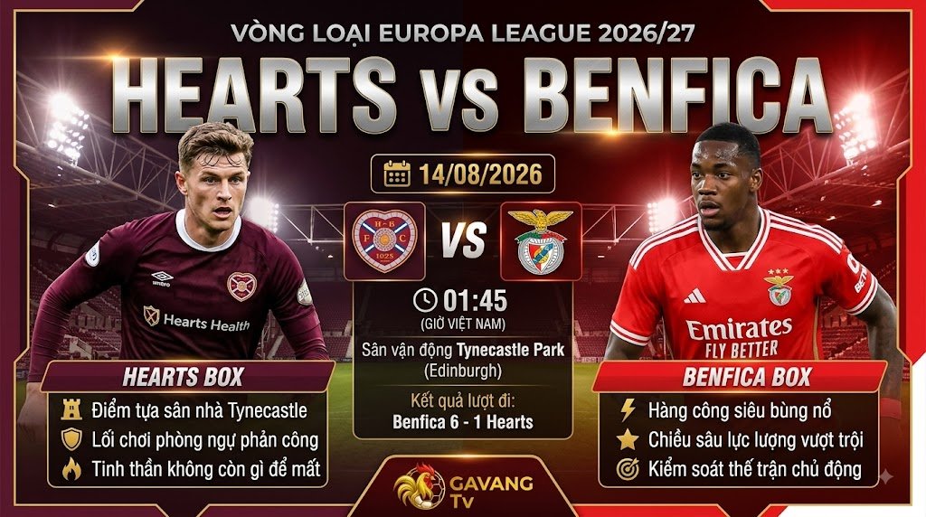 Ảnh bìa nhận định trận đấu Hearts vs Benfica lượt về vòng loại Europa League tại Gavang TV