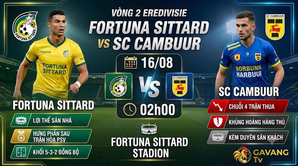 Ảnh bìa nhận định trận đấu Fortuna Sittard vs SC Cambuur lúc 02h00 ngày 16/08 vòng 2 Eredivisie được phân tích bởi chuyên gia Gavang TV.
