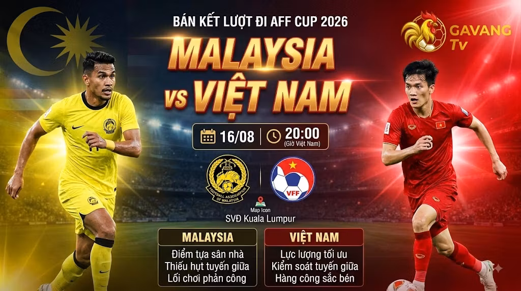 Nhận định trận đấu Malaysia vs Việt Nam bán kết lượt đi AFF Cup 2026 lúc 20h00 ngày 16/8 chi tiết tại Gavang TV.