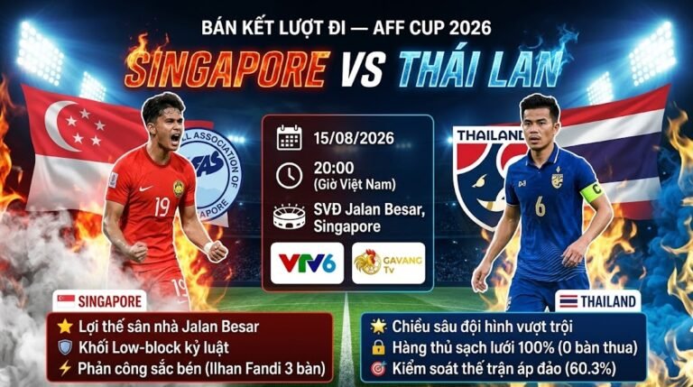 Bìa nhận định trận đấu Singapore vs Thái Lan bán kết AFF Cup 2026 cập nhật link xem trực tiếp trên Gavang TV.
