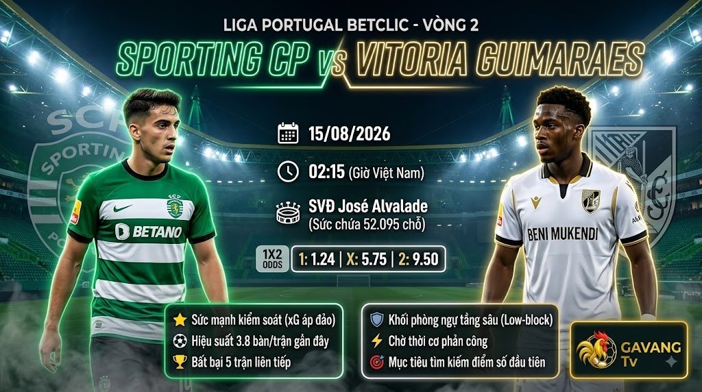 Nhận định, soi kèo trận đấu Sporting CP vs Vitoria Guimaraes lúc 02h15 ngày 15/08 tại vòng 2 Liga Portugal trên Gavang TV.