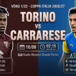 Ảnh bìa nhận định trận đấu Torino vs Carrarese vòng 1/32 Coppa Italia 2026/27 với các thông tin nổi bật trước trận trên Gavang TV.